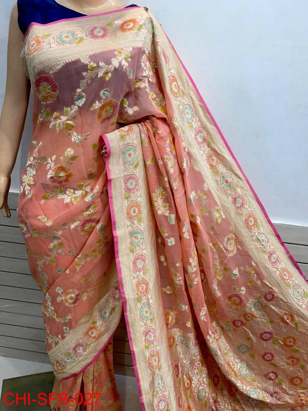 Pure Banarasi Handwoven Khaddi Georgette Silk Saree With Hand Brush Work ( length- 6.3 meter )