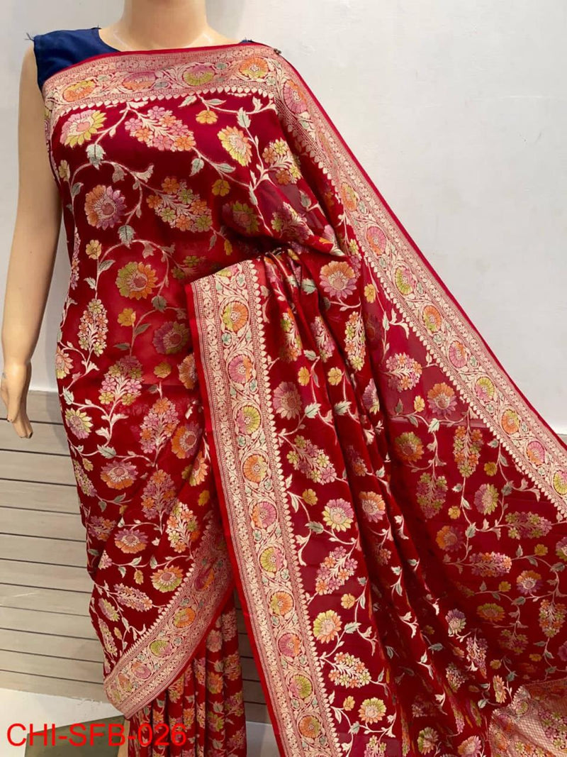 Pure Banarasi Handwoven Khaddi Georgette Silk Saree With Hand Brush Work ( length- 6.3 meter )