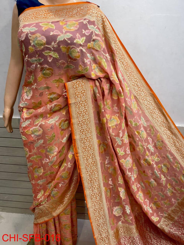 Pure Banarasi Handwoven Khaddi Georgette Silk Saree With Hand Brush Work ( length- 6.3 meter )