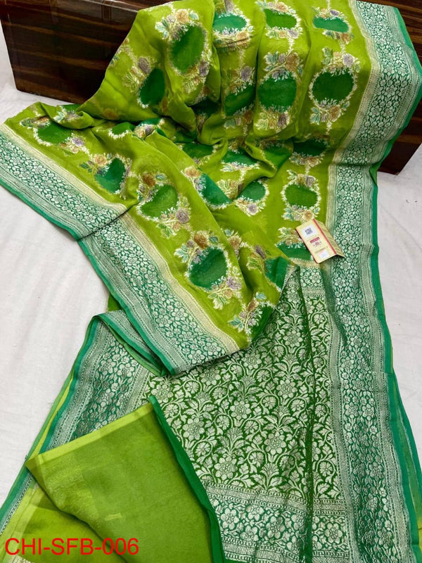 Pure Banarasi Handwoven Khaddi Georgette Silk Saree With Hand Brush Work ( length- 6.3 meter )