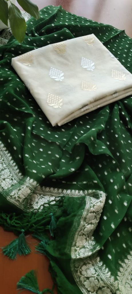 Pure Banarasi Chanderi Silk Zari Buti Work Unstitched Suit With khaddi Chiffon Dupatta