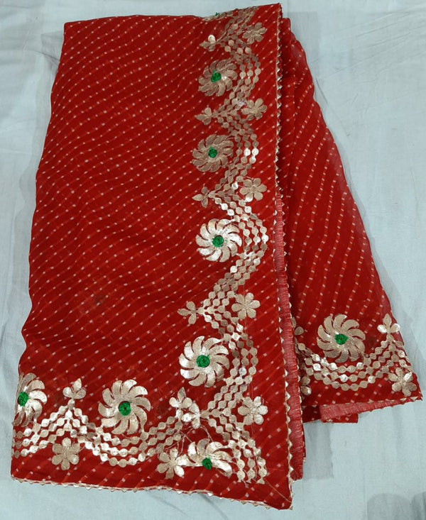 Pure Georgette Lehriya Gotta Patti Work Saree With Contrest Blouse.(6.3METR)