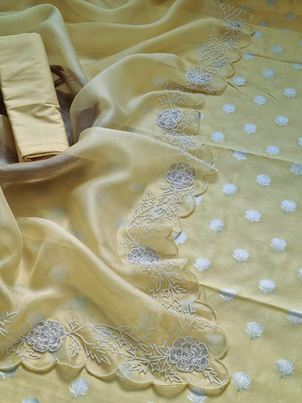 Pure Banarasi Chanderi Silk Unstitched Suit With Organza Silk Hand Embroidery Cutdana Work Dupatta..