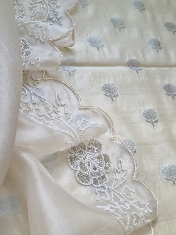 Pure Banarasi Chanderi Silk Unstitched Suit With Organza Silk Hand Embroidery Cutdana Work Dupatta..