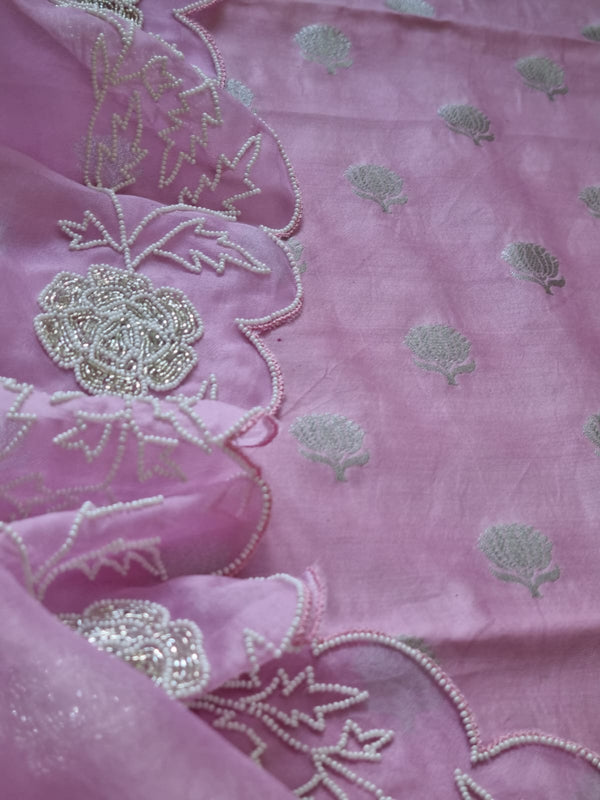 Pure Banarasi Chanderi Silk Unstitched Suit With Organza Silk Hand Embroidery Cutdana Work Dupatta..