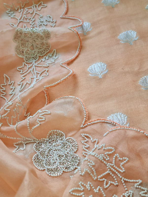 Pure Banarasi Chanderi Silk Unstitched Suit With Organza Silk Hand Embroidery Cutdana Work Dupatta..