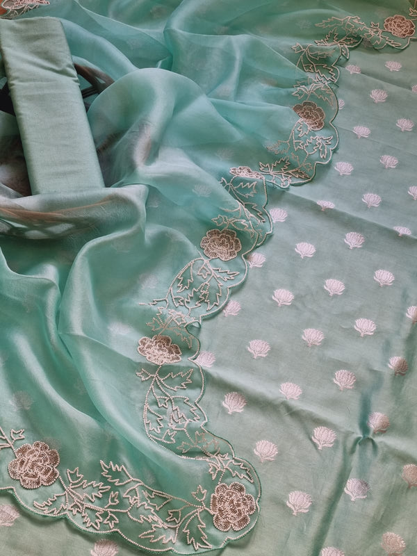 Pure Banarasi Chanderi Silk Unstitched Suit With Organza Silk Hand Embroidery Cutdana Work Dupatta..