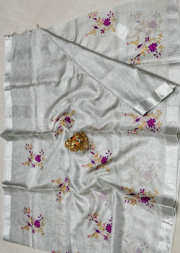 Pure Tissue Linen Silk Saree with Embroidery Work.( length- 6.3 meter )