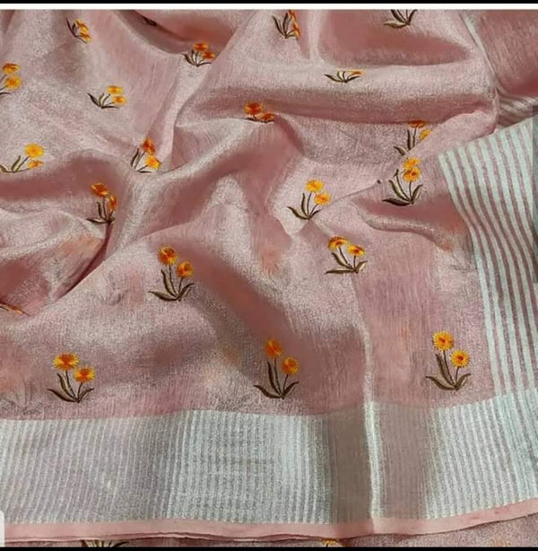 Pure Tissue Linen Silk Saree with Embroidery Work.( length- 6.3 meter )