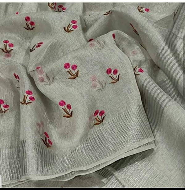 Pure Tissue Linen Silk Saree with Embroidery Work.( length- 6.3 meter )