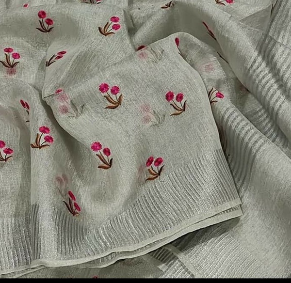 Pure Tissue Linen Silk Saree with Embroidery Work.( length- 6.3 meter )