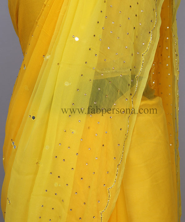 Pure Chiffon Mirror Chandla Hand Work Saree With Running Blouse.