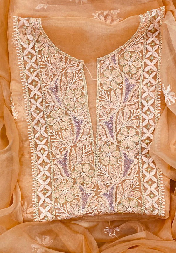 Pure Organza Chikankari Hand Embroidery With Pearl Cutdana Work Unstitched Suit With Dupatta.