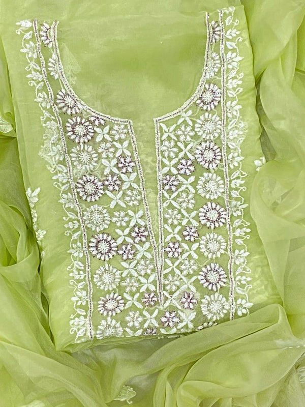 Pure Organza Chikankari Hand Embroidery With Pearl Cutdana Work Unstitched Suit With Dupatta.