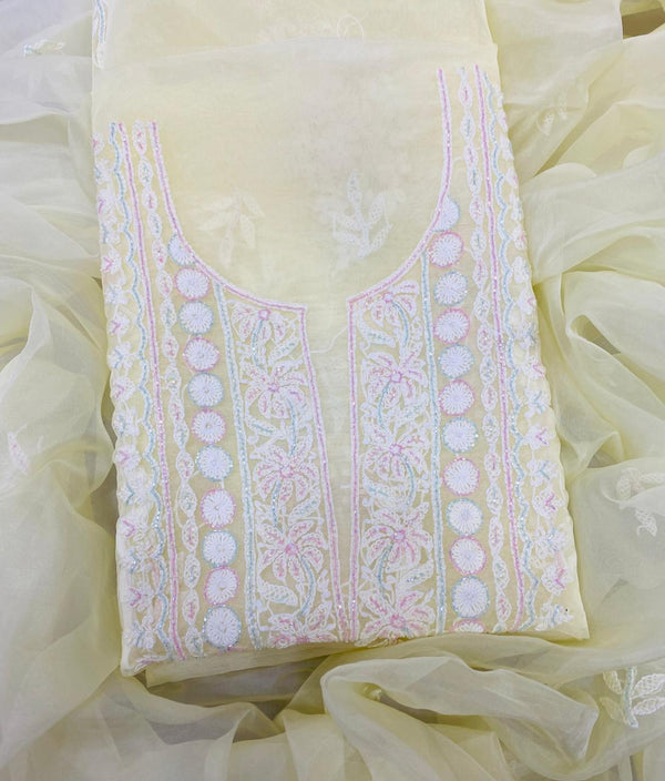 Pure Organza Chikankari Hand Embroidery With Pearl Cutdana Work Unstitched Suit With Dupatta.