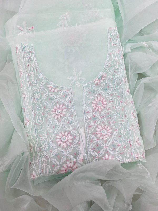 Pure Organza Chikankari Hand Embroidery With Pearl Cutdana Work Unstitched Suit With Dupatta.