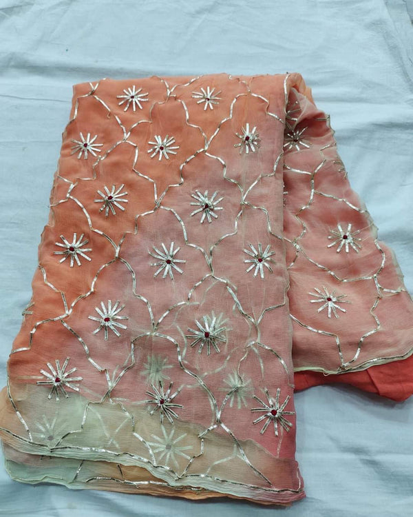 Pure Diamond Chiffon Saree With Gota Patti Jaal Work  With Running Blouse