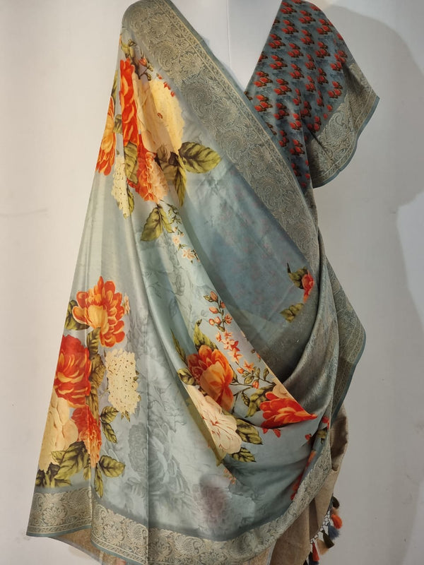 Handwoven pure katan silk floral printed saree with banarasi border and blouse