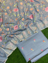 Exclusive Banarasi Linen Silk Unstitched Suit With Beautiful Full Jaal Embroidered Dupatta