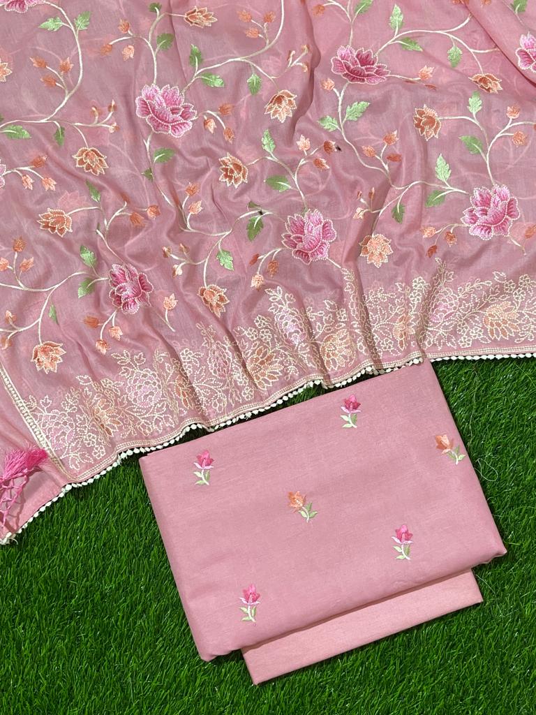 Exclusive Banarasi Linen Silk Unstitched Suit With Beautiful Full Jaal Embroidered Dupatta