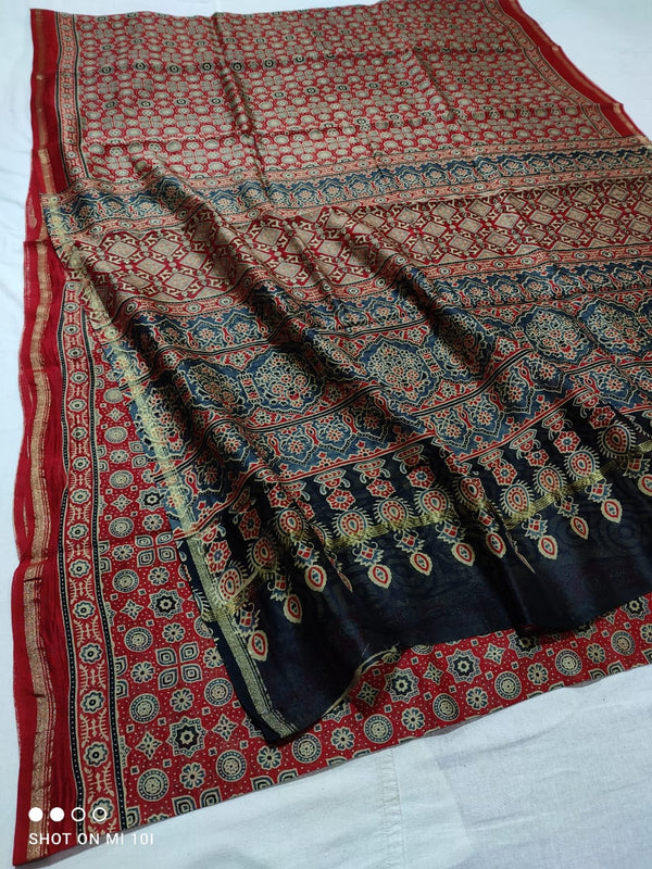 Pure Chanderi Silk Saree With Azrak Print With Blouse