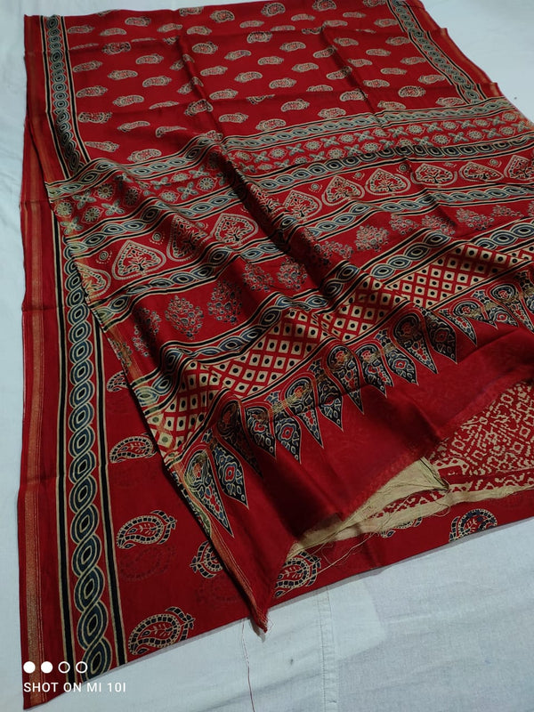 Pure Chanderi Silk Saree With Azrak Print With Blouse