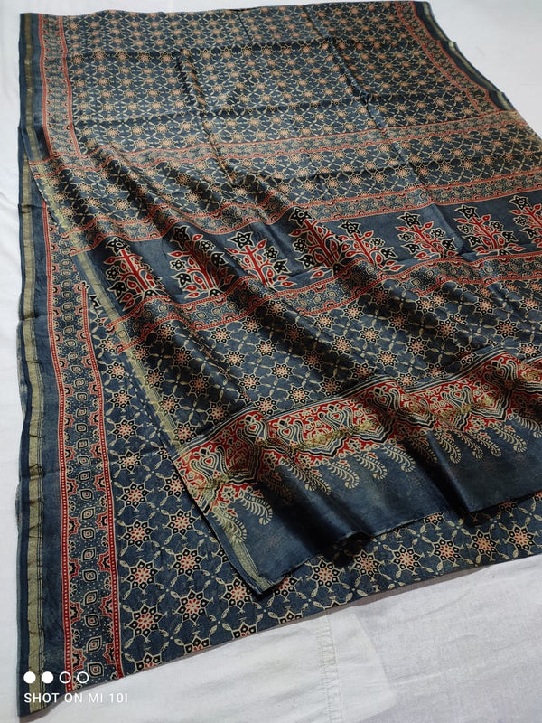 Pure Chanderi Silk Saree With Azrak Print With Blouse