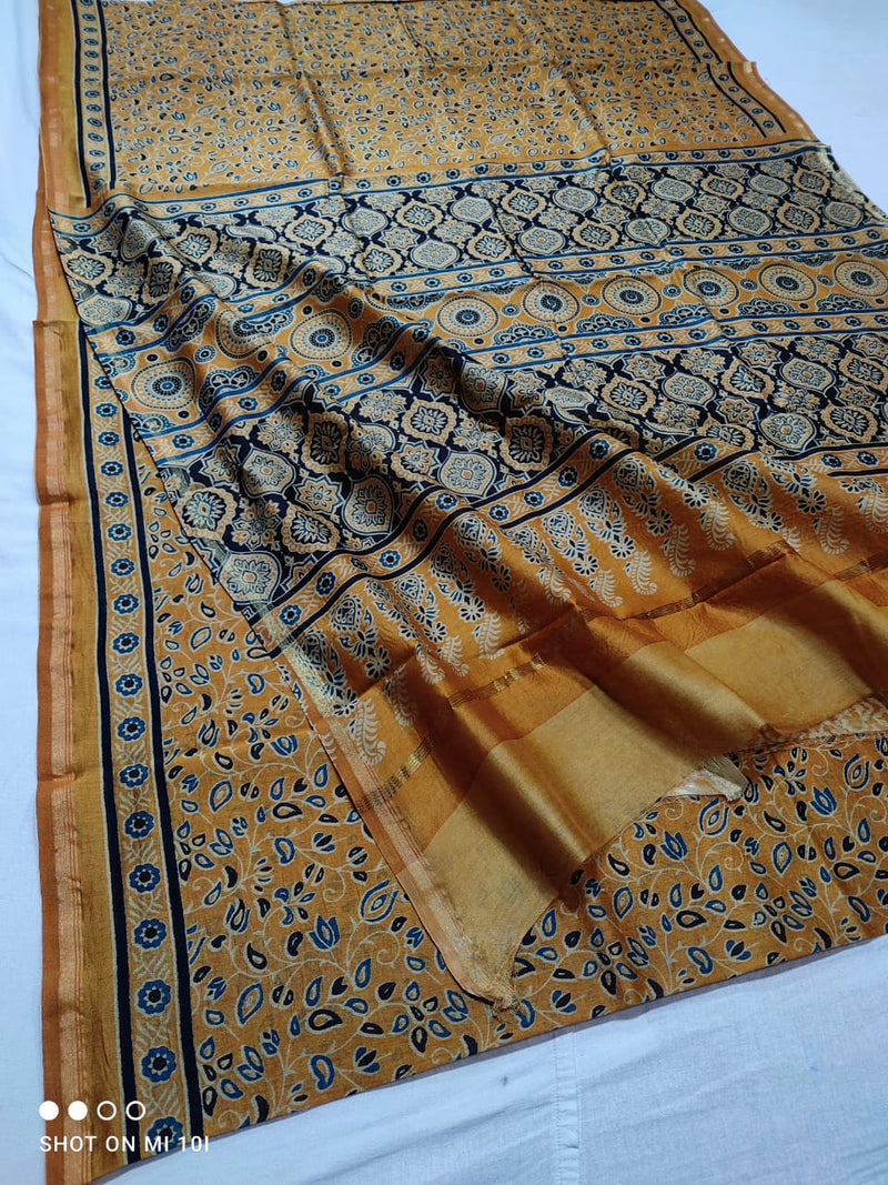 Pure Chanderi Silk Saree With Azrak Print With Blouse