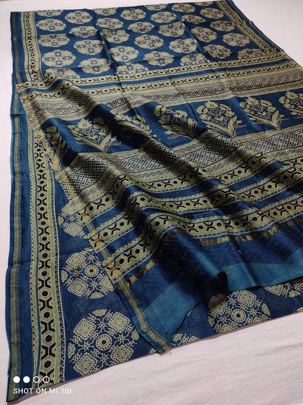 Pure Chanderi Silk Saree With Azrak Print With Blouse