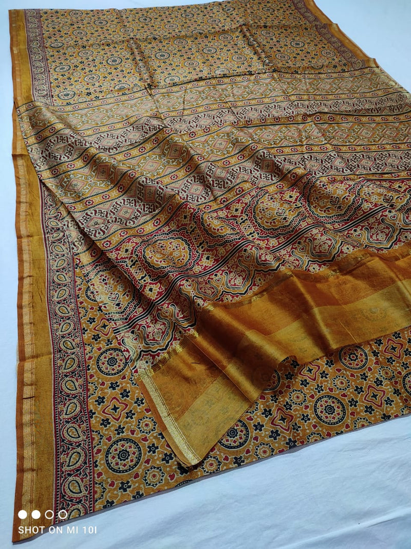 Pure Chanderi Silk Saree With Azrak Print With Blouse