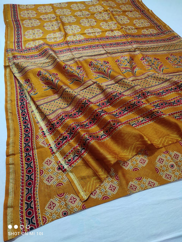 Pure Chanderi Silk Saree With Azrak Print With Blouse