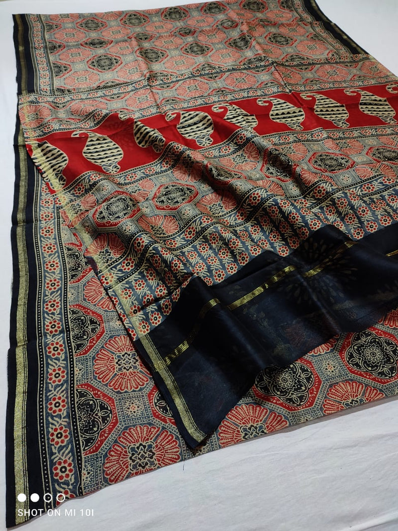 Pure Chanderi Silk Saree With Azrak Print With Blouse