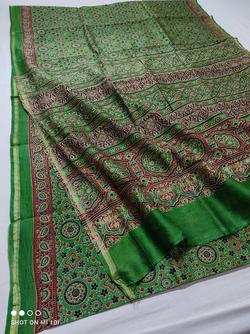 Pure Chanderi Silk Saree With Azrak Print With Blouse