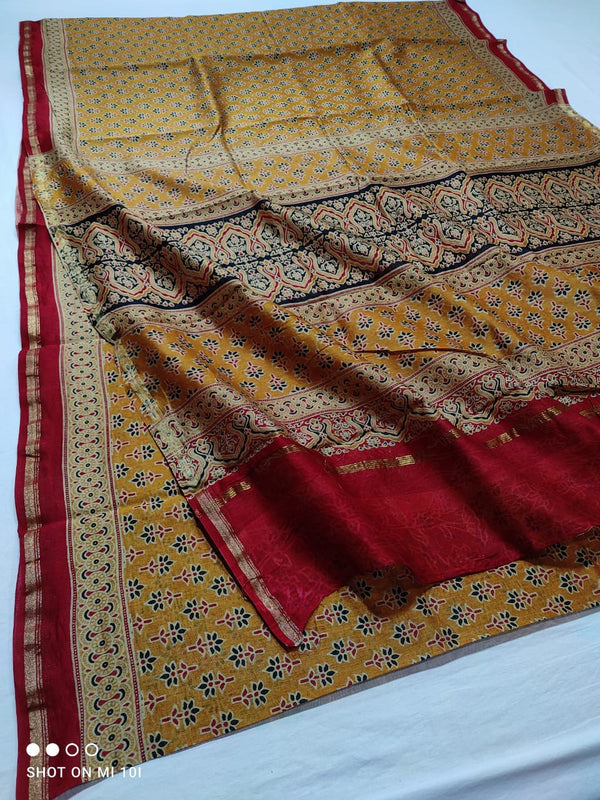 Pure Chanderi Silk Saree With Azrak Print With Blouse