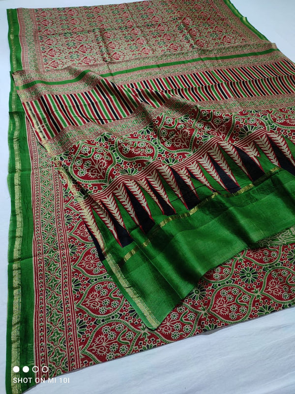 Pure Chanderi Silk Saree With Azrak Print With Blouse