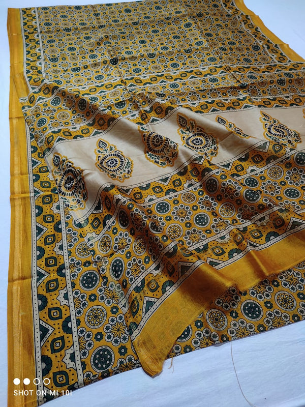 Pure Chanderi Silk Saree With Azrak Print With Blouse