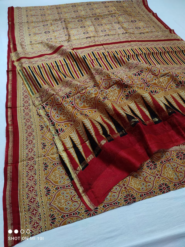 Pure Chanderi Silk Saree With Azrak Print With Blouse