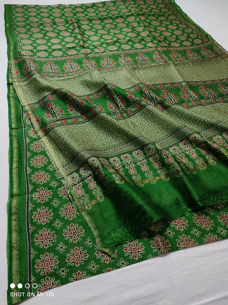 Pure Chanderi Silk Saree With Azrak Print With Blouse