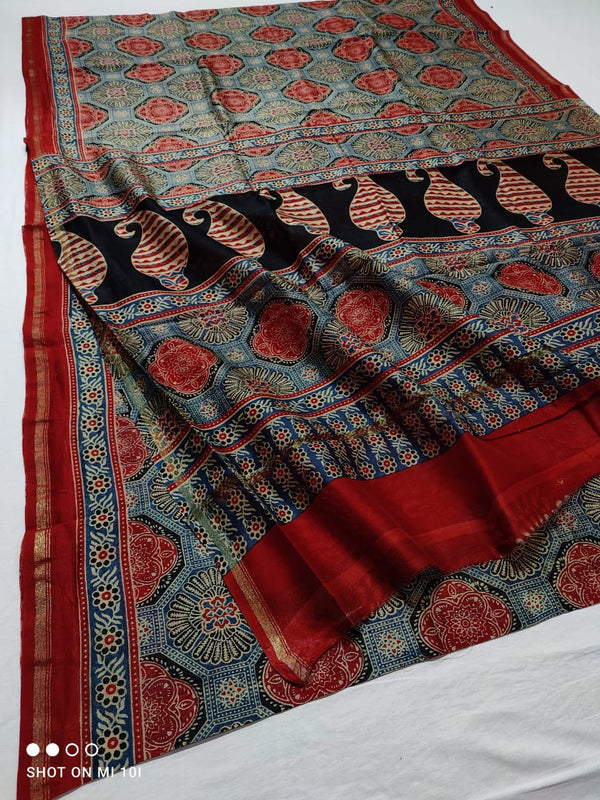 Pure Chanderi Silk Saree With Azrak Print With Blouse