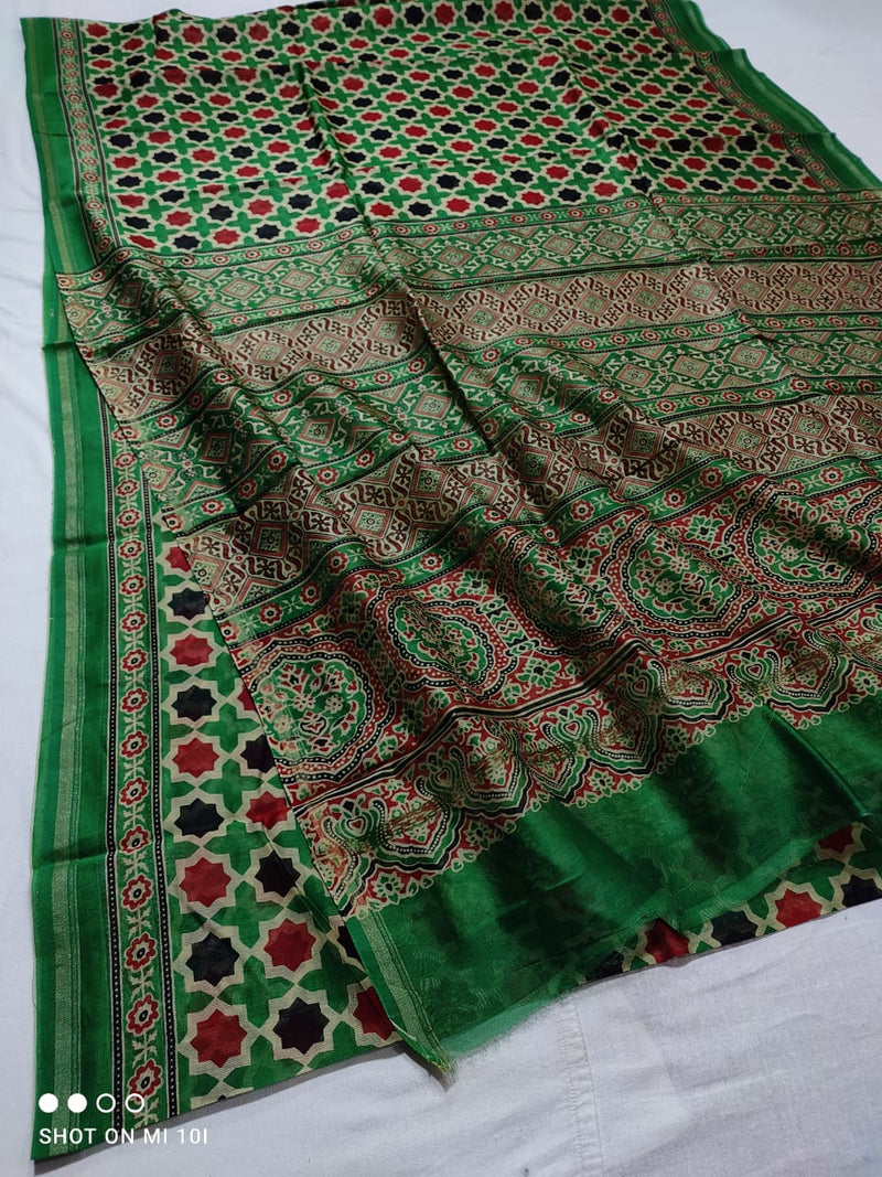 Pure Chanderi Silk Saree With Azrak Print With Blouse