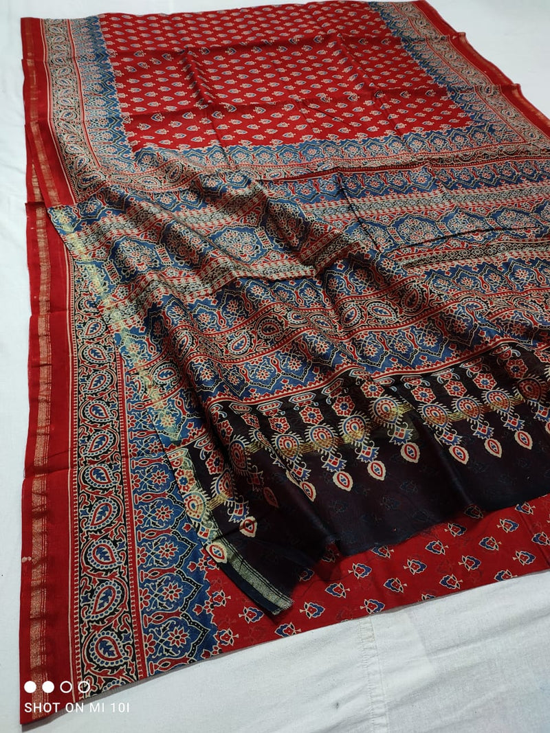 Pure Chanderi Silk Saree With Azrak Print With Blouse