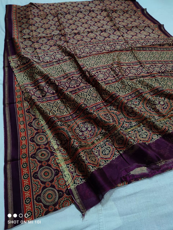 Pure Chanderi Silk Saree With Azrak Print With Blouse