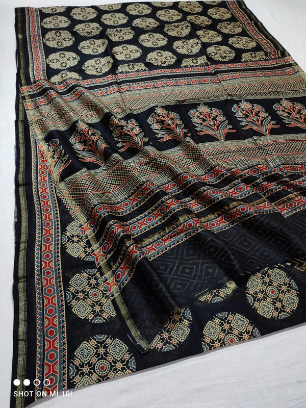 Pure Chanderi Silk Saree With Azrak Print With Blouse