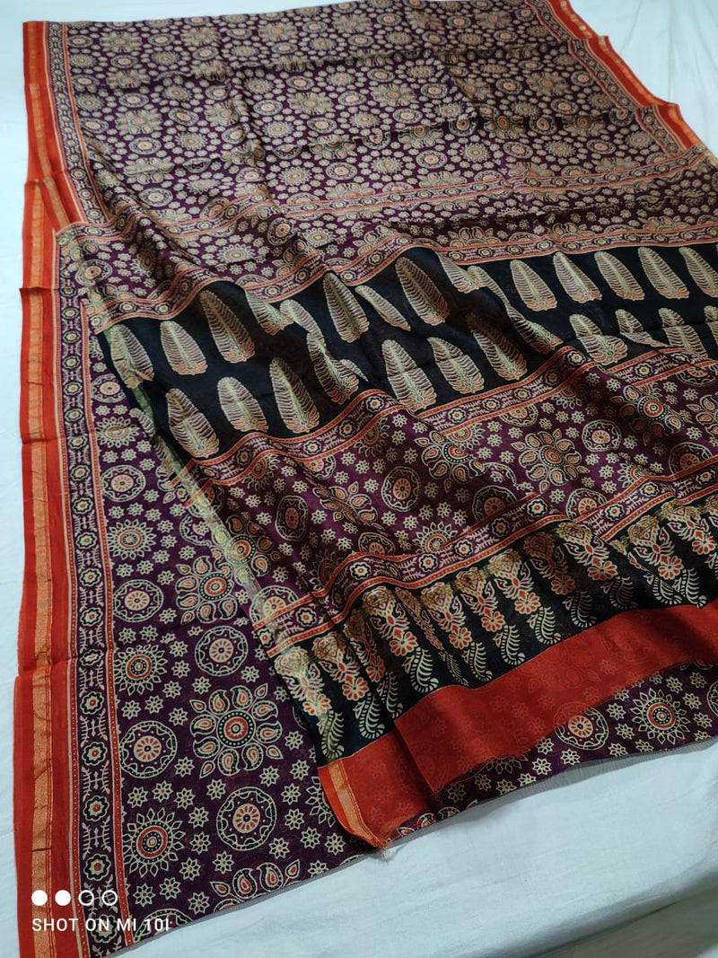 Pure Chanderi Silk Saree With Azrak Print With Blouse