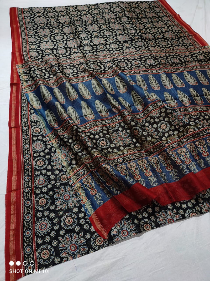 Pure Chanderi Silk Saree With Azrak Print With Blouse