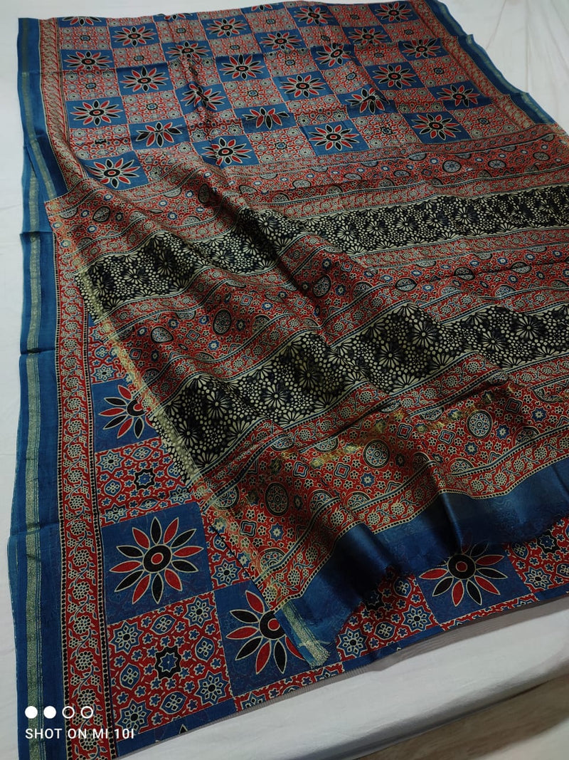 Pure Chanderi Silk Saree With Azrak Print With Blouse