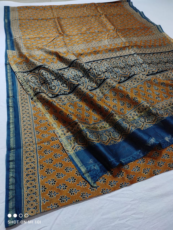 Pure Chanderi Silk Saree With Azrak Print With Blouse