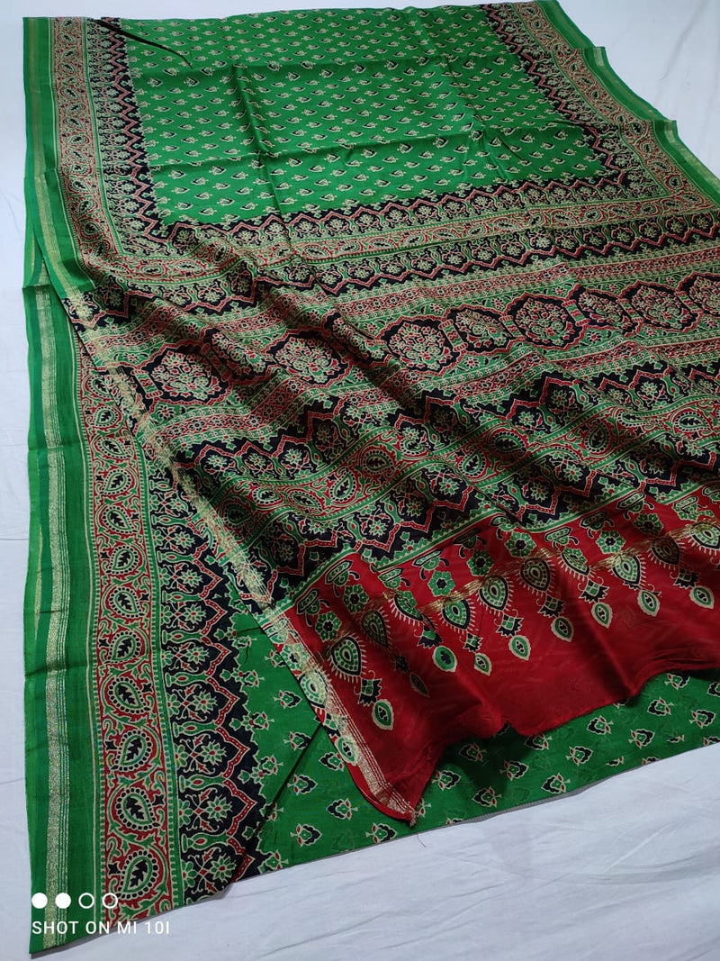 Pure Chanderi Silk Saree With Azrak Print With Blouse