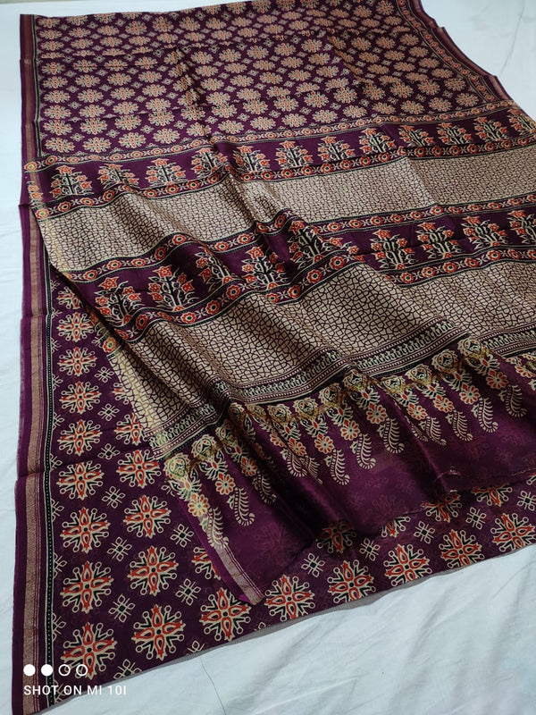 Pure Chanderi Silk Saree With Azrak Print With Blouse