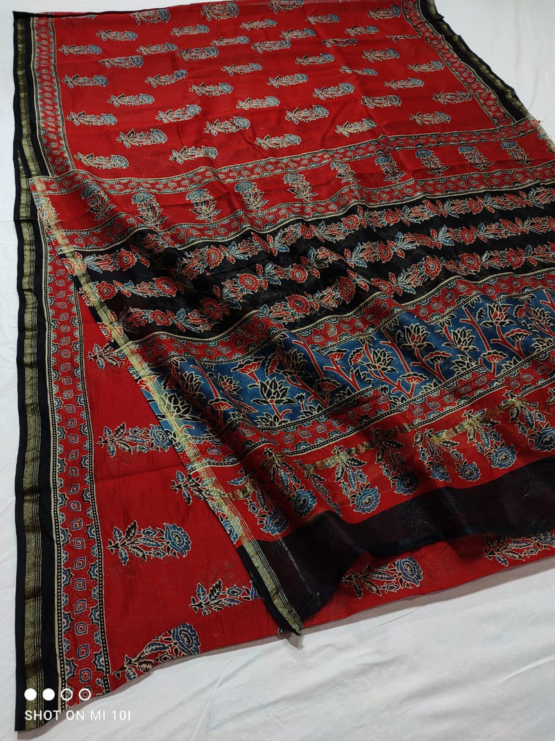 Pure Chanderi Silk Saree With Azrak Print With Blouse